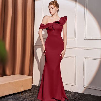 2025 Evening dress femininity elegant noble celebrity style banquet one shoulder slanted shoulder sexy slim slim long dress