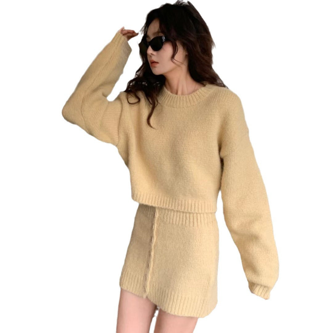 jinran concert outfit Dongdaemun 2024 Winter New Fashion Solid Color Sweater Hot Girl Knitted Hip Skirt Two-Piece Suit for Women