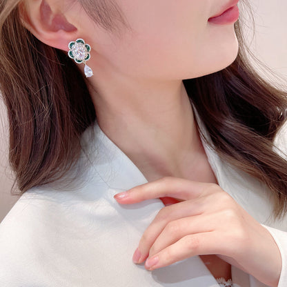 2025 Yiwu accessories temperament  niche high-end earrings wholesale zircon inlay oil drop flower water drop earrings women