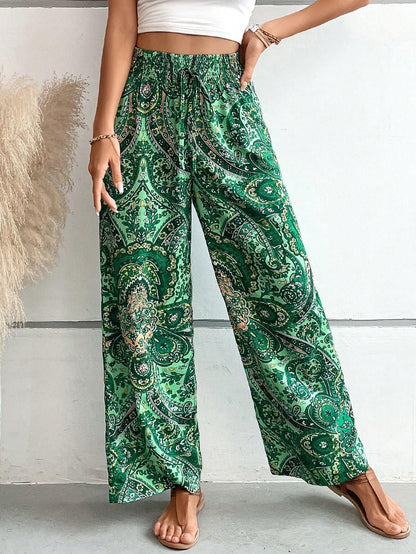 2025 Tiktoktemu  women's clothing  summer new fashionable versatile printed elastic waist wide-leg pants