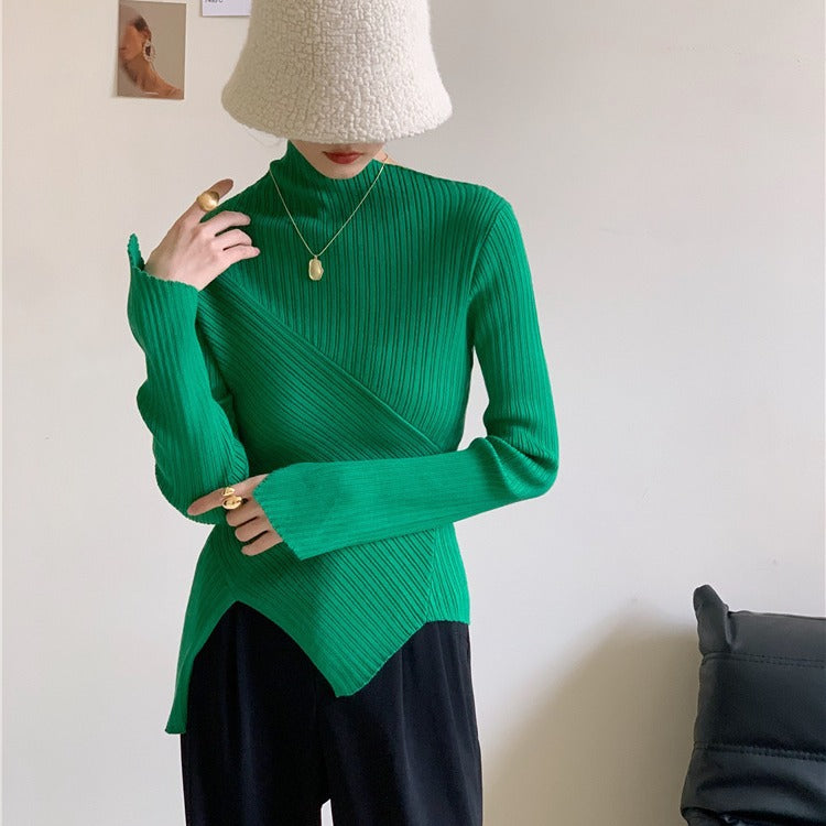 jinran fall 2024 fashion trends Oblique Collar off-the-Shoulder Irregular Thread Slim Slimming Sexy Temperament Bottoming Shirt Sweater for Women