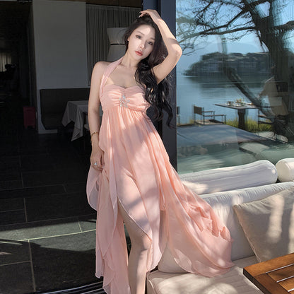 2025 Holiday super fairy long dress dress socialite high sense new neck tube top backless irregular chiffon dress