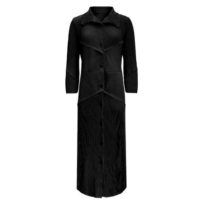 2025 spring new single-breasted long-sleeved lace-up dress medium and long Korean version simple loose pleated A-shaped skirt