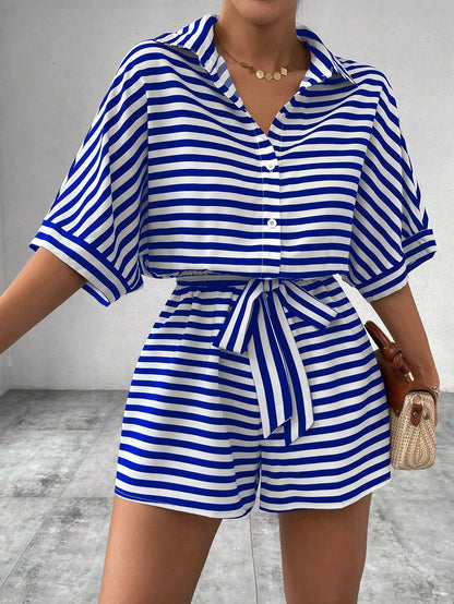 2025 spring and summer  Popular trade New striped lapel cardigan button medium sleeve belt shorts set onesie women