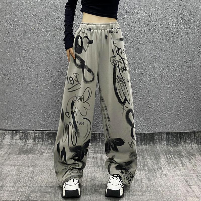 jinran outfits Printing Loose All-Match Sports Casual Pants for Women Spring New Western Style High Waist Slimming Straight Wide Leg Pants