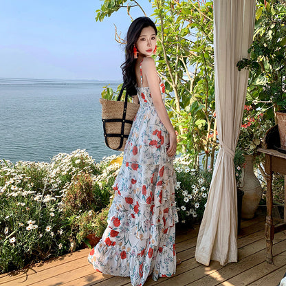2025 Sanya vacation photo summer new suspender floral dress 2025 summer pendulum  cake dress