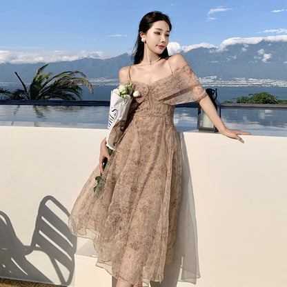 2025 collarbone one-word shoulder off-the-shoulder suspender dress for women's high sense, waist and thin temperament, seaside vacation dress