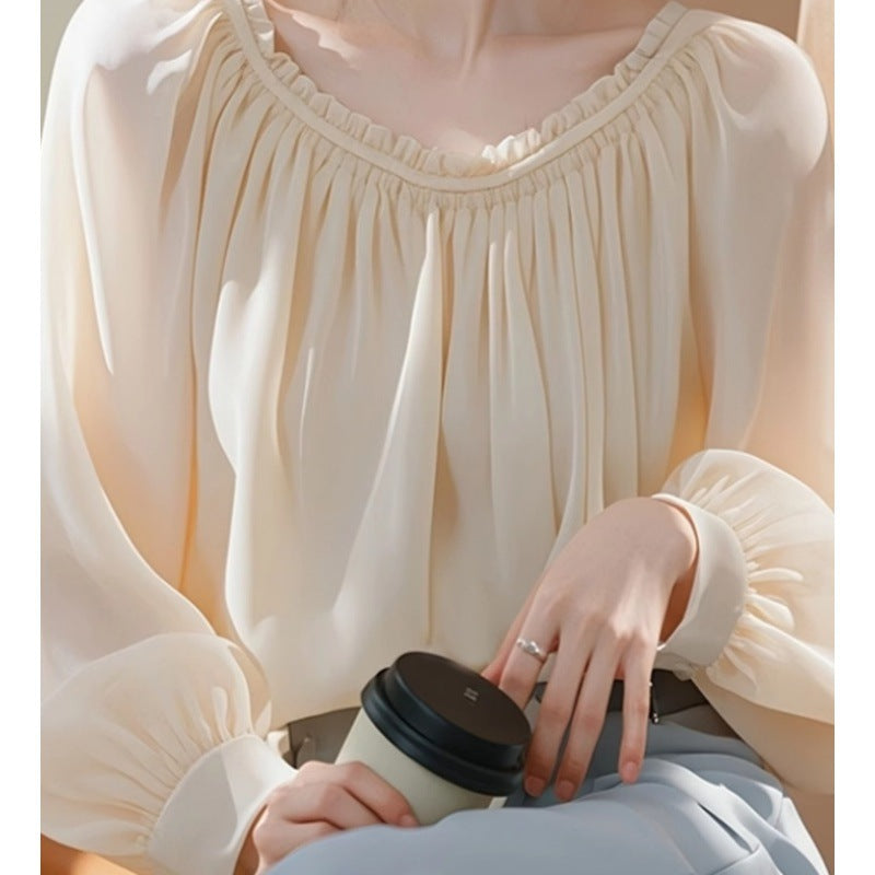 2025 spring new  temperament beautiful beautiful design sense white chiffon small top long sleeve shirt women's summer