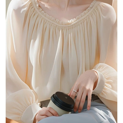 2025 spring new  temperament beautiful beautiful design sense white chiffon small top long sleeve shirt women's summer