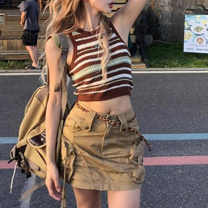 jinran grunge outfits American Retro Street Denim Workwear Skirt 2024 Summer New Internet Celebrity High Waist Short Skirt