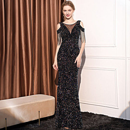 2025 Evening dress dress female high-end temperament celebrity light luxury banquet party sequins long slim and thin fishtail dress