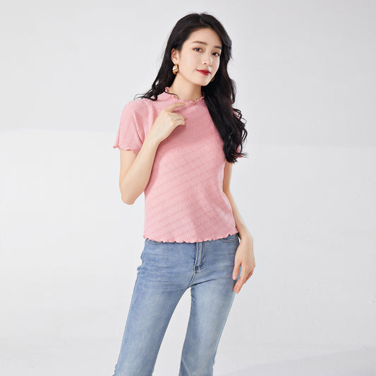 2025 Women's hot-selling short-sleeved T-shirt summer temperament semi-turtleneck slim-fitting and thin commuting simple versatile pleated top
