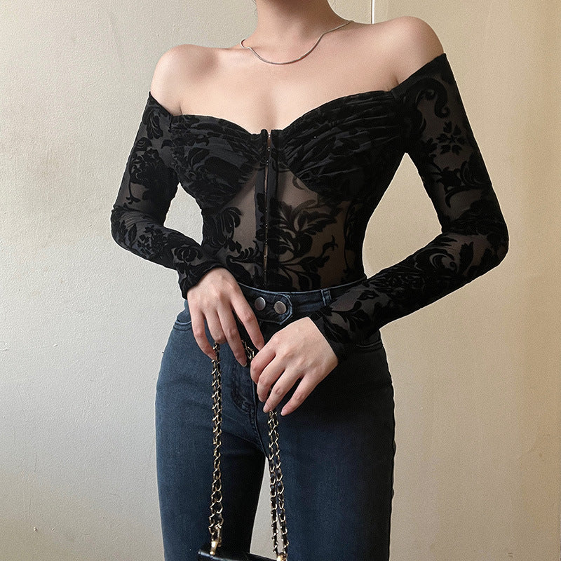 jinran barn jacket outfits Summer New Lace Printed Slim-Fit Jumpsuit Style Flocking off-Shoulder Long-Sleeved Top for Women