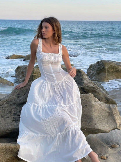 jinran 2024 new lazy holiday style pleated edge front button design super long dress goddess skirt big swing skirt 3405