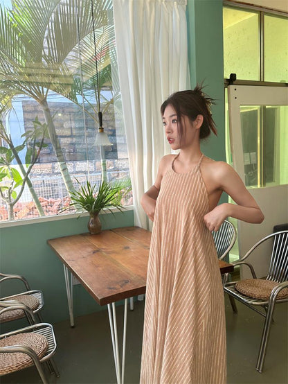 2025 neck dress women's summer new high-end cotton and linen stripes loose and thin backless long skirt