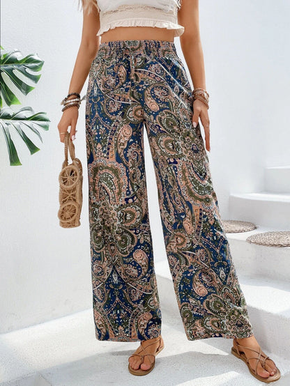 2025 Tiktoktemu  women's clothing  summer new fashionable versatile printed elastic waist wide-leg pants
