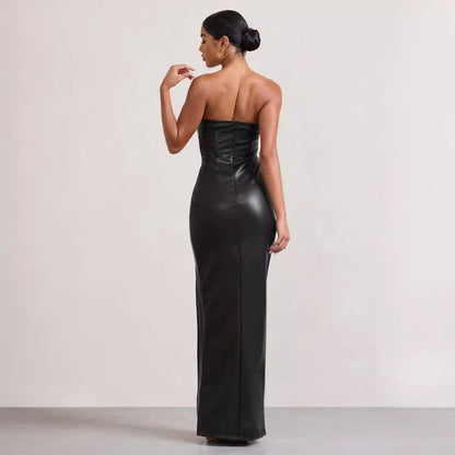 jinran 2024 fall fashion trends Summer Women's Sexy Tube Top Dress off-the-Shoulder Slim-Fit Long PU Leather Dress for Women