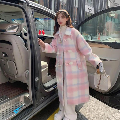 jinran outfit Korean Style College Style Coat Women's Autumn and Winter 2024 New Pink Horn Buckle Woolen Coat Temperament Style Coat