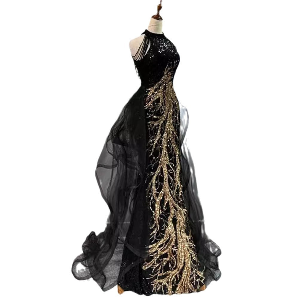 jinran witch dress to impress New Evening Dress Black High-Grade Slim-Fit Elegant Lady Host Halter Fishtail Dress Wedding Toast Dress Summer