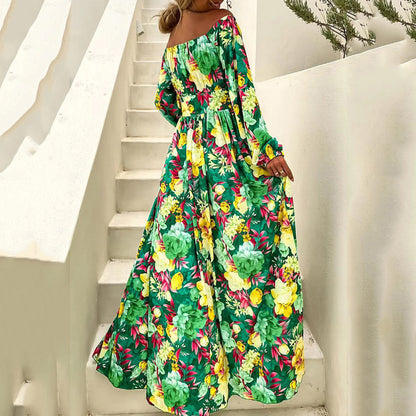 New summer new  bohemian vacation style one-word collar big swing dress fashion printed dress