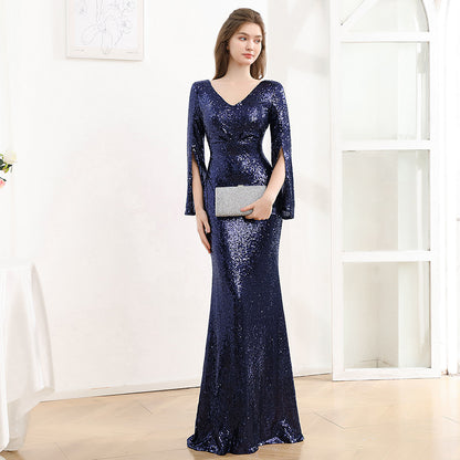 2025 Evening dress female long-sleeved celebrity banquet temperament  luxury atmosphere host sequined fishtail long dress