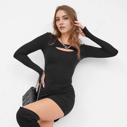 2025 Wildberries Russian Hot Sale Black Knitted Sexy Slim Slim Hollow Hip Wrap Dress Spring popular