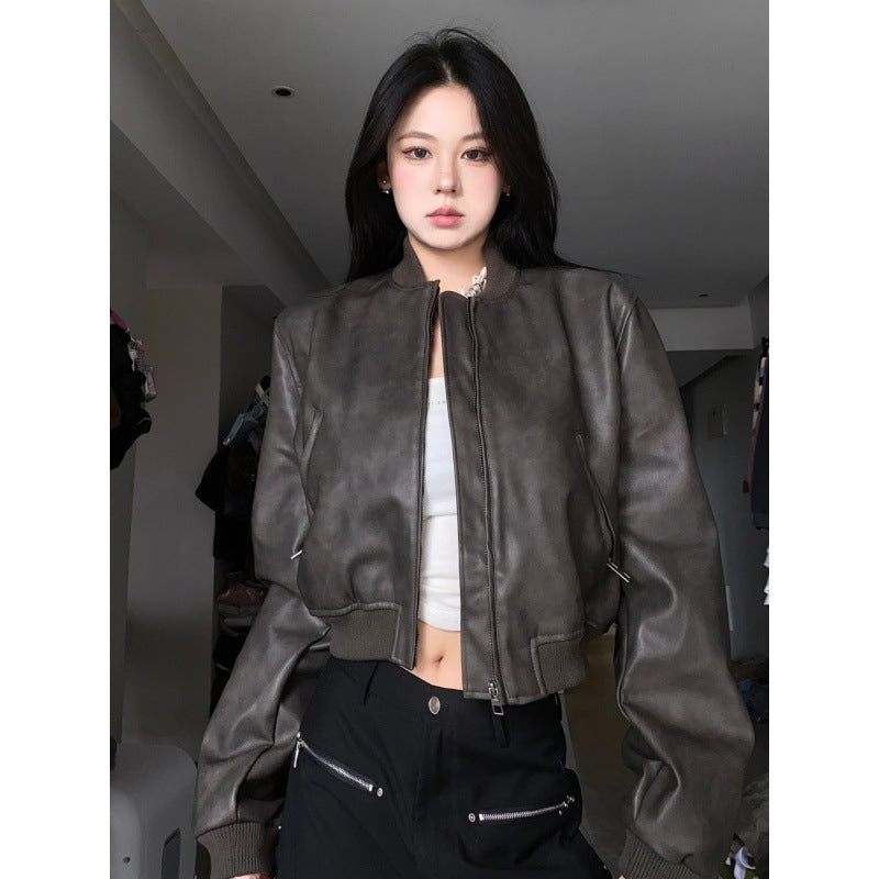 jinran bomber jacket American High Street Personalized Short Pu Leather Jacket Women's Spring and Autumn New Maillard Motorcycle Jacket Fashion