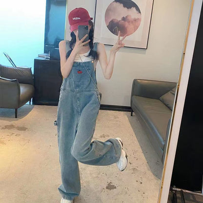 jinran outfit ideas Design Sense Spring and Summer Embroidered Wear Denim Suspender Pants Women's Salt Retro Small Tooling High Waist Straight Jumpsuit