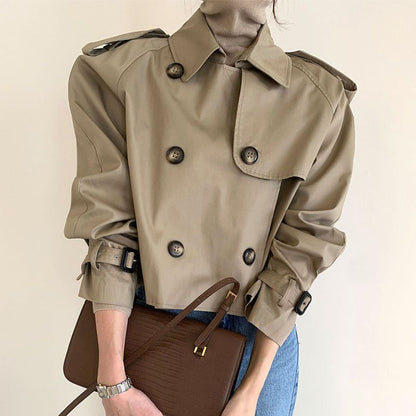 jinran 2024 fall fashion trends Spring and Autumn Retro Lapel Design Double Breasted Loose All-Match Long Sleeve Short Trench Coat for Women