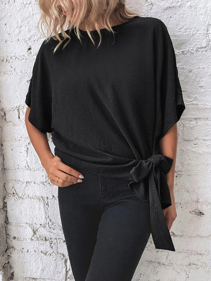 2025 Popular, ,  New women's clothing summer new solid color bat wing sleeves hem knotted loose t-top