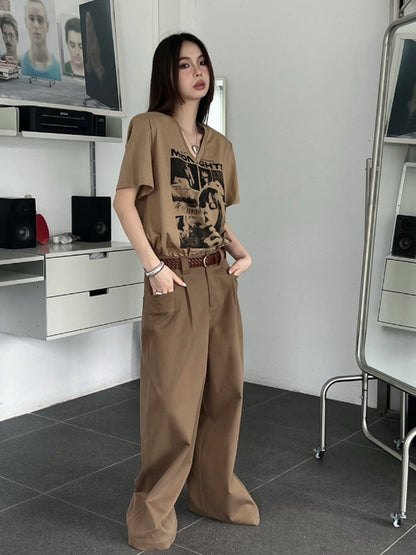 jinran summer outfits inspo Retro High Street Suit Pants Loose Wide Leg Lazy Straight Casual Pants K335