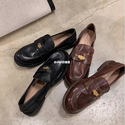 2025 Cowhide version~ Xingshengda shoes make old horse leather retro polished small gold coins thick heel loafers women's small leather shoes
