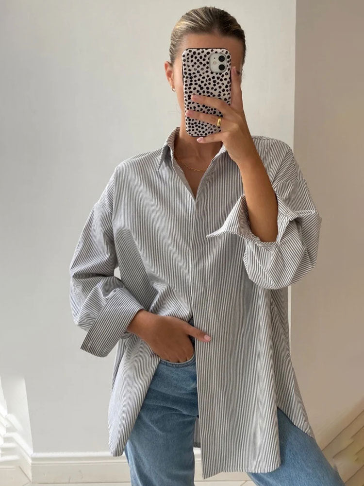 jinran masc outfits Autumn New Blue Striped Shirt Top Simple Advanced Sense Street Long Sleeve Cardigan