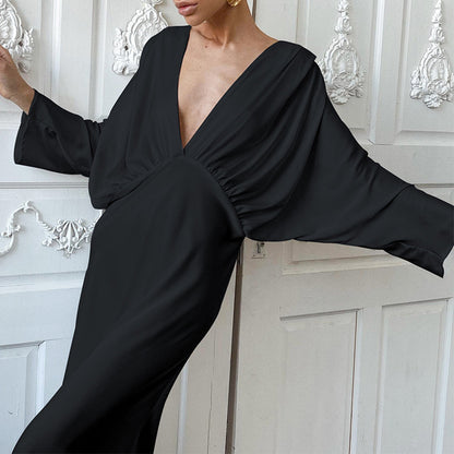 2025 Autumn women's new dress, high sense,  Popular trade temperament, commuting V-neck long dress, high waist,  simplicity