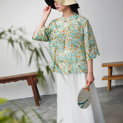 2025 Mountain is free, new products in spring and summer, temperament retro collar diagonal placket buckle ramie color top 80413 casual and versatile