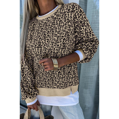 jinran frat outfits Personalized Leopard Print round Neck Sweater for Women 2024 Winter New Contrast Color Stitching Long Sleeve Pullover for Women