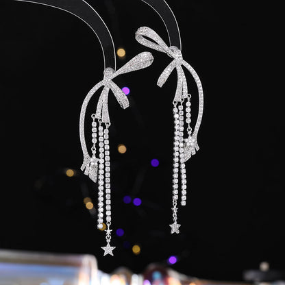 2025 Diamond bow tassel earrings for women  luxury long earrings personality exaggerated atmosphere heavy earrings wholesale