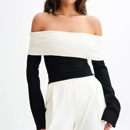 New 's new knitted top women's clothing one-word shoulder design temperament off-the-shoulder slim sweater women