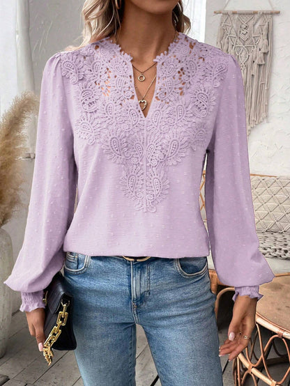 2025 Popular, ,  New autumn and winter new fashion V-neck lace solid color long-sleeved casual T women's top