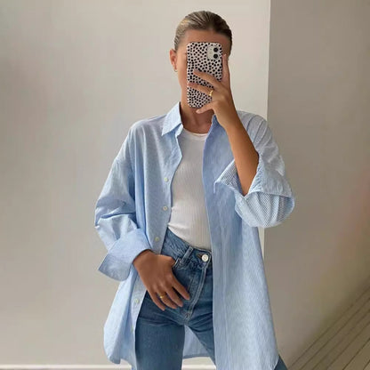 jinran masc outfits Autumn New Blue Striped Shirt Top Simple Advanced Sense Street Long Sleeve Cardigan