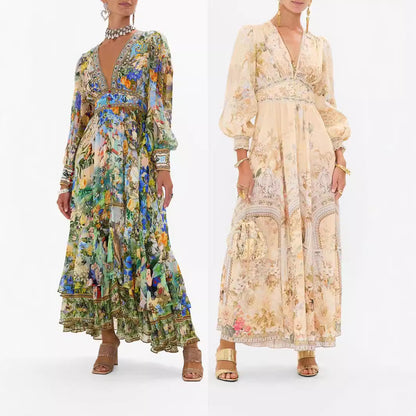 jinran party dresses 2024 New Arrival Hot Fashion Printed Long Sleeve V-neck Girdle Dress