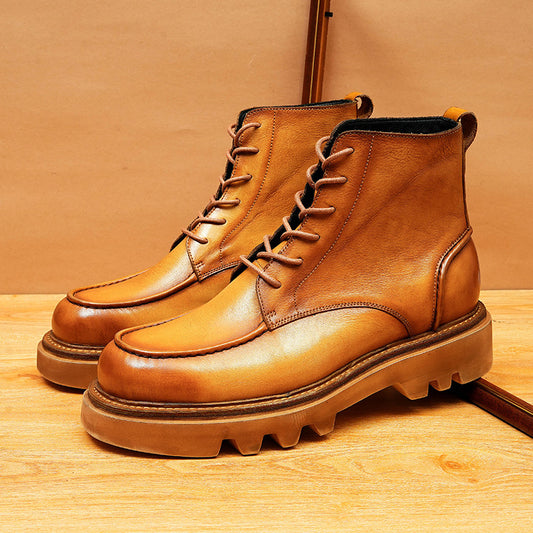 2025 Douyin popular men's boots winter thick-soled heightening Martin boots genuine leather washed cowhide inner British retro tooling boots