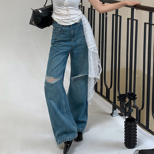 jinran jeans Ripped Jeans Women's Summer Wide-Leg Pants 2024 Original Fashionable High Waist Loose Slimming Straight Trousers