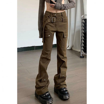 jinran teacher outfits American Street Vibe Brown Workwear Jeans Women's Autumn and Winter New Retro Design Belt Straight Casual Pants