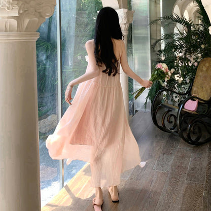 2025 texture suspender dress women's summer loose Sanya seaside vacation elegant green beach long skirt