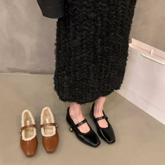 2025 Flat autumn and winter plush cotton shoes single shoes women's shoes popular new square head black Mary Jane evening shoes