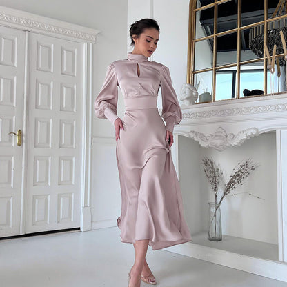 2025 fashion design sense small stand-up collar dress  autumn commuting bubble sleeve A-shaped skirt women's halter dress