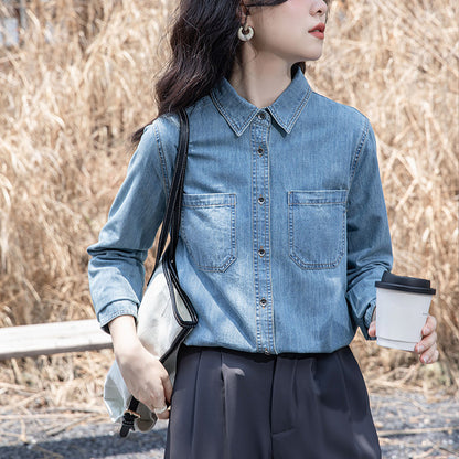 Blue retro denim shirt jacket women's spring dress front shoulder top design sense niche small man stacked shirt autumn