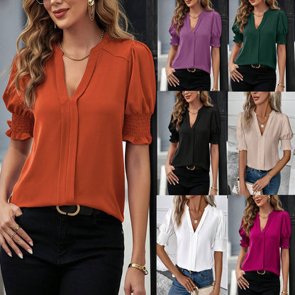 2025 Popular, ,  New women's clothing summer new V-neck temperament bubble sleeves solid color shirt blouse