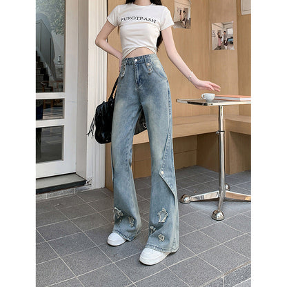 jinran y2k 2024 Retro Star Patch Jeans Women's High Waist Design Sense Niche Slimming Straight Skinny Pants